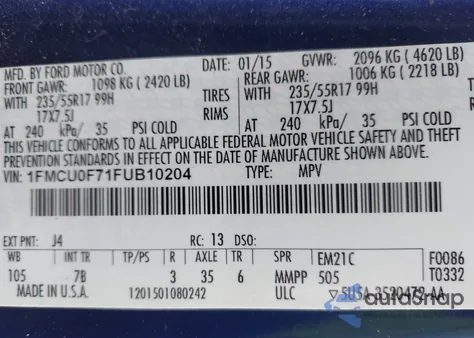 2015 Ford Escape S из США, поврежденный, VIN 1FMCU0F71FUB10204